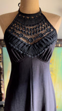 Load image into Gallery viewer, Slinky 1970’s Vintage Black Crochet Collar Halter Maxi Dress
