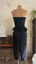 Load image into Gallery viewer, Deadstock 1980’s Vintage Black Satin Gunne Sax Peplum Wiggle Dress