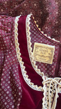 Load image into Gallery viewer, 1970’s Vintage Burgundy Velveteen and Calico Gunne Sax Midi Dress