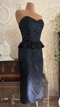 Load image into Gallery viewer, Deadstock 1980’s Vintage Black Satin Gunne Sax Peplum Wiggle Dress