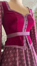 Load image into Gallery viewer, 1970's vintage Burgundy Velveteen and Calico Gunne Sax midi peplum dress