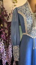 Load image into Gallery viewer, 1970’s Vintage Blue Voile and Ivory Lace Prairie dress