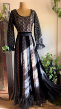 Load image into Gallery viewer, Fantastic 1970’s Vintage Black Velvet and Illusion Lace Maxi Dress