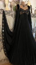 Load image into Gallery viewer, Exquisite 1970’s Vintage Designer Black Pleated Nightgown and Robe Peignoir Set by Lucie Ann