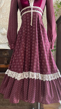 Load image into Gallery viewer, 1970’s Vintage Burgundy Velveteen and Calico Gunne Sax Midi Dress