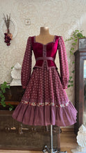 Load image into Gallery viewer, 1970's vintage Burgundy Velveteen and Calico Gunne Sax midi peplum dress
