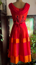 Load image into Gallery viewer, Reworked 1950’s Vintage Red Silk Chiffon and Orange Satin Dress