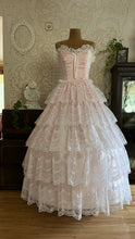 Load image into Gallery viewer, Beautiful 1980’s Vintage Pink Satin and Tiered White Lace Dream Dress