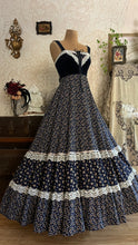 Load image into Gallery viewer, Incredible 1970’s Vintage Navy Blue Calico and velveteen Gunne Sax Maxi Sundress