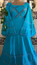 Load image into Gallery viewer, Beautiful 1970's vintage Bright Turquoise Blue Cotton and lace Mexican dress