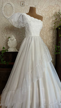 Load image into Gallery viewer, 1950’s Vintage One Shoulder Ruffled White Chiffon Gown by Mike Benet Formals