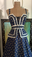 Load image into Gallery viewer, Amazing 1970’s Vintage Navy and Gold Calico Gunne Sax Peplum Sundress