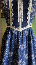 Load image into Gallery viewer, 1970’s Vintage Navy Blue Calico and Corduroy Gunne Sax Midi Dress