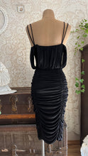 Load image into Gallery viewer, Designer 1980’s Vintage Draped and Ruched Black Wiggle Dress by Samir