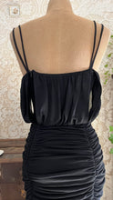 Load image into Gallery viewer, Designer 1980’s Vintage Draped and Ruched Black Wiggle Dress by Samir