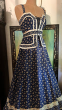 Load image into Gallery viewer, Amazing 1970’s Vintage Navy and Gold Calico Gunne Sax Peplum Sundress