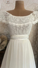 Load image into Gallery viewer, Amazing 1970’s Vintage Ivory Crepe Voile and Lace Gunne Sax Flounced Sundress