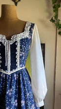 Load image into Gallery viewer, 1970’s Vintage Navy Blue Calico and Corduroy Gunne Sax Midi Dress