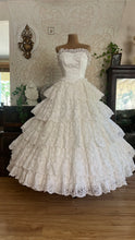 Load image into Gallery viewer, Incredible 1980’s Vintage White Satin and Tiered Lace Strapless Dream Dress