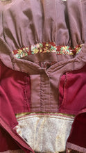 Load image into Gallery viewer, 1970's vintage Burgundy Velveteen and Calico Gunne Sax midi peplum dress