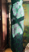 Load image into Gallery viewer, Stunner 1980’s Vintage Emerald Green Sequin and Black Soutache Lace Wiggle Dress by Loralie