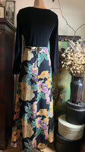 Load image into Gallery viewer, Cozy 1980’s Vintage Black Velveteen and Floral Print Chiffon Dress by Adini