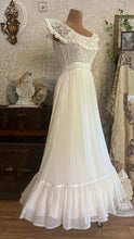 Load image into Gallery viewer, Amazing 1970’s Vintage Ivory Crepe Voile and Lace Gunne Sax Flounced Sundress