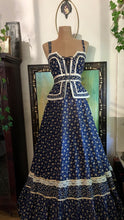 Load image into Gallery viewer, Amazing 1970’s Vintage Navy and Gold Calico Gunne Sax Peplum Sundress