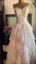 Load image into Gallery viewer, Dream 1980’s Vintage Pink Lace and Sequin Strapless Gown with matching armlets