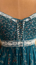 Load image into Gallery viewer, Rare and spectacular Teal Calico 1970’s Vintage Gunne Sax Dress