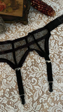 Load image into Gallery viewer, Unusual Pinup 1950’s vintage Black Mesh and Ribbon Garter Belt by Simone