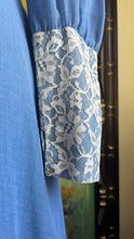 Load image into Gallery viewer, 1970’s Vintage Blue Voile and Ivory Lace Prairie dress