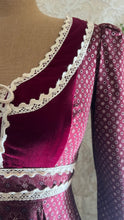 Load image into Gallery viewer, 1970’s Vintage Burgundy Velveteen and Calico Gunne Sax Midi Dress