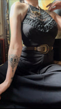 Load image into Gallery viewer, Slinky 1970’s Vintage Black Crochet Collar Halter Maxi Dress