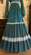 Load image into Gallery viewer, Rare and spectacular Teal Calico 1970’s Vintage Gunne Sax Dress