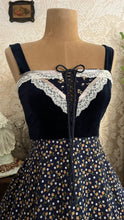 Load image into Gallery viewer, Incredible 1970’s Vintage Navy Blue Calico and velveteen Gunne Sax Maxi Sundress