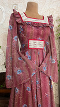 Load image into Gallery viewer, Lovely 1970’s Vintage Mauve and Blue Rose Print Angel Sleeve Dress