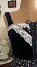 Load image into Gallery viewer, Incredible 1970’s Vintage Navy Blue Calico and velveteen Gunne Sax Maxi Sundress