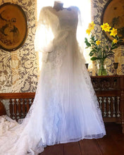 Load image into Gallery viewer, Beautiful 1970’s Vintage Lace and Pleated Chiffon Bridal Wedding Dress