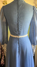 Load image into Gallery viewer, 1970’s Vintage Blue Voile and Ivory Lace Prairie dress