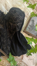 Load image into Gallery viewer, Stunning 1980’s Vintage Black Satin and Illusion Lace Zip up Bustier by Adonna 36C