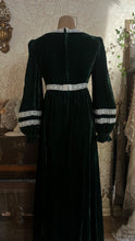 Load image into Gallery viewer, Medieval beauty 1970’s Vintage dark green velvet balloon sleeve dress