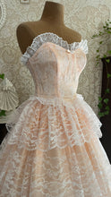 Load image into Gallery viewer, Perfect 1980’s Vintage Peachy Pink Satin and White Lace Dream Dress with Armlets