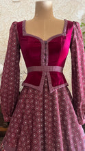 Load image into Gallery viewer, 1970's vintage Burgundy Velveteen and Calico Gunne Sax midi peplum dress