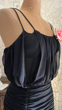 Load image into Gallery viewer, Designer 1980’s Vintage Draped and Ruched Black Wiggle Dress by Samir