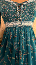 Load image into Gallery viewer, Rare and spectacular Teal Calico 1970’s Vintage Gunne Sax Dress