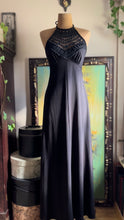 Load image into Gallery viewer, Slinky 1970’s Vintage Black Crochet Collar Halter Maxi Dress