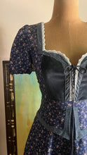 Load image into Gallery viewer, Restored 1970's vintage Navy Blue calico Gunne Sax midi peplum dress