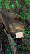 Load image into Gallery viewer, Stunner 1980’s Vintage Emerald Green Sequin and Black Soutache Lace Wiggle Dress by Loralie