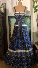 Load image into Gallery viewer, Amazing 1970’s Vintage Navy and Gold Calico Gunne Sax Peplum Sundress